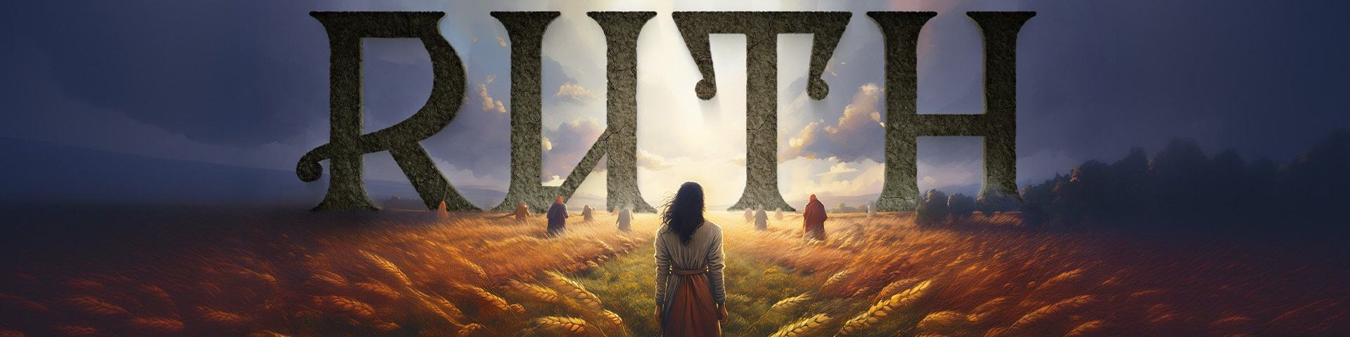 Ruth series graphic with Ruth walking through field of wheat