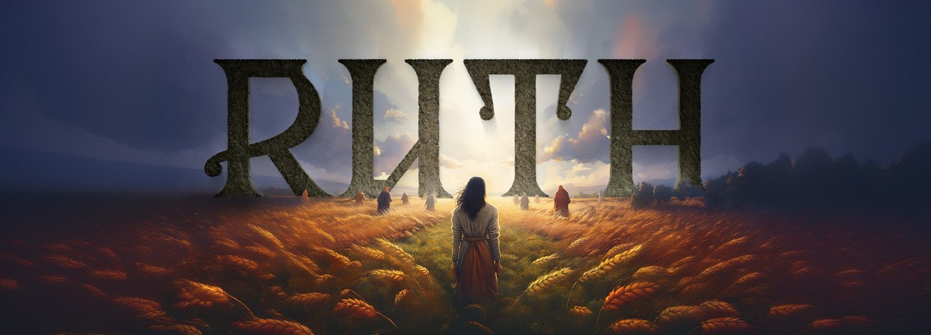 Ruth series graphic with Ruth walking through field of wheat
