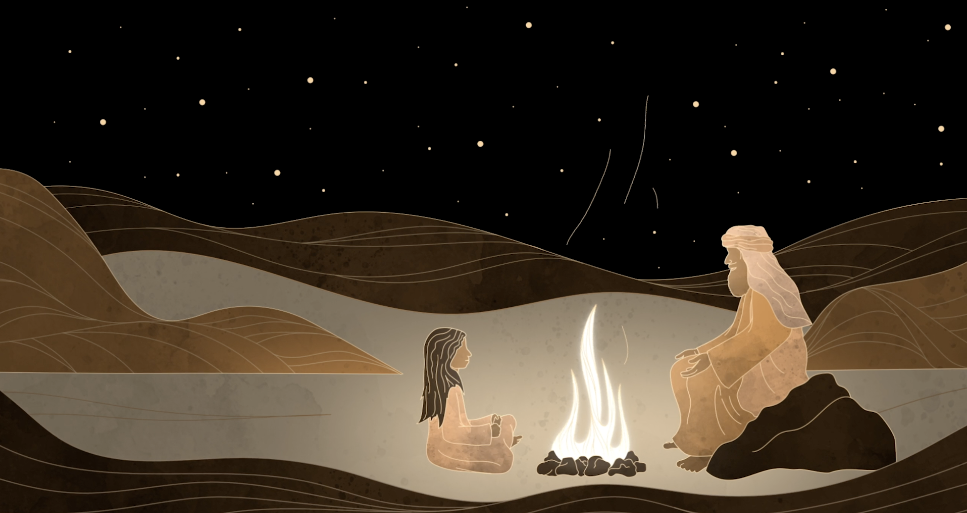 Grandpa and Granddaughter by Campfire